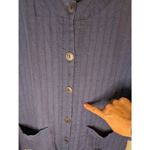 FLAX 100% Linen Shirt Navy Blue Button Front Medium Lagenlook Artisan Made - Picture 9 of 9